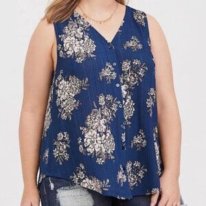 NEW NWT TORRID sz 00 Plus Size Navy Blue Floral Button Front Sleeveless Tank Top